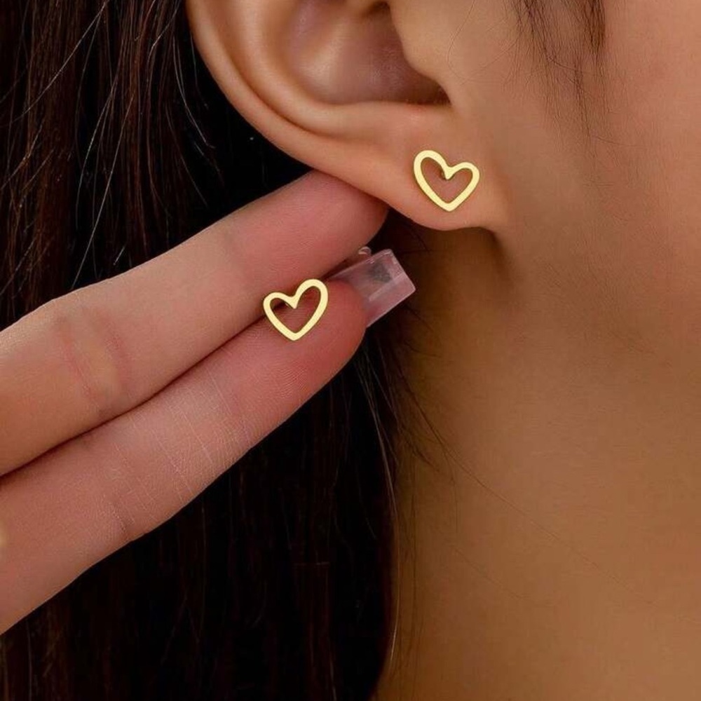 Gold Heart Stainless Steel Stud Earrings - Picture 2 of 2